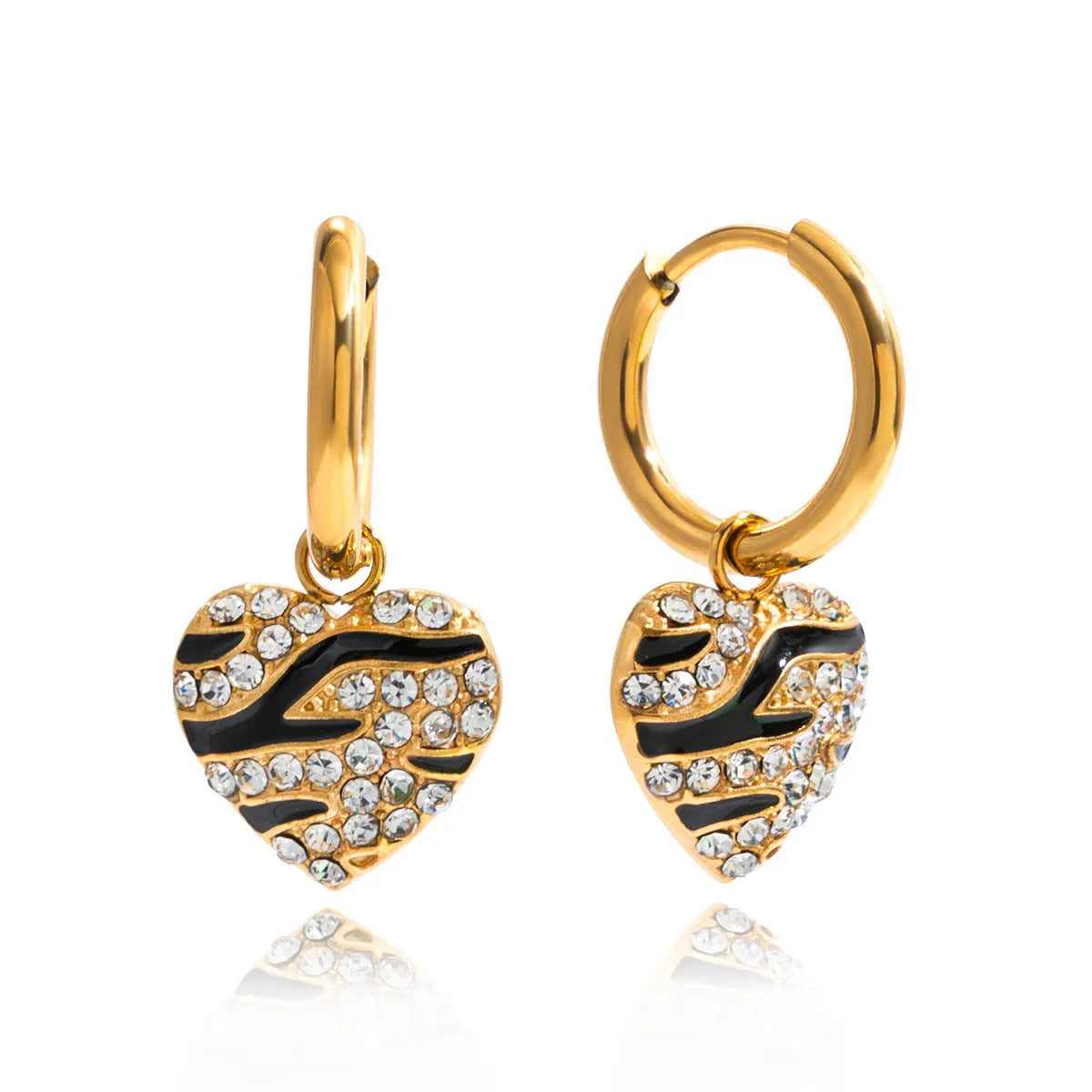 European American oil drip rhinestone love heart earrings clip on stainless steel light luxury geometric jewellery