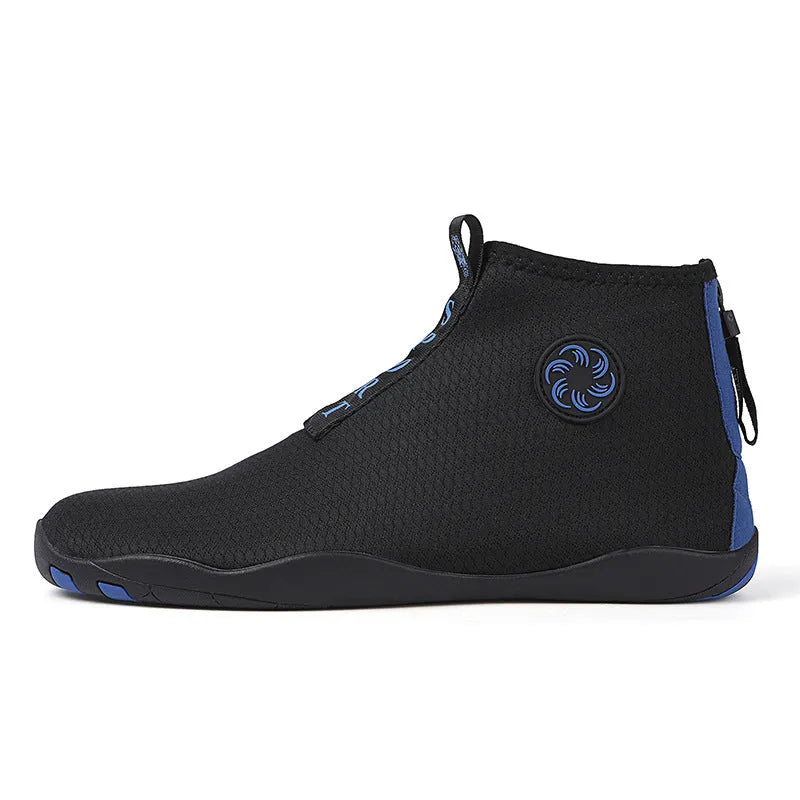 Mid-top beach shoes in black and fluorescent green colour with mesh fabric upper and rubber sole