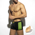 Polka dot print quick-dry swimming boxers in nylon, shown in available colours and sizes for sports.