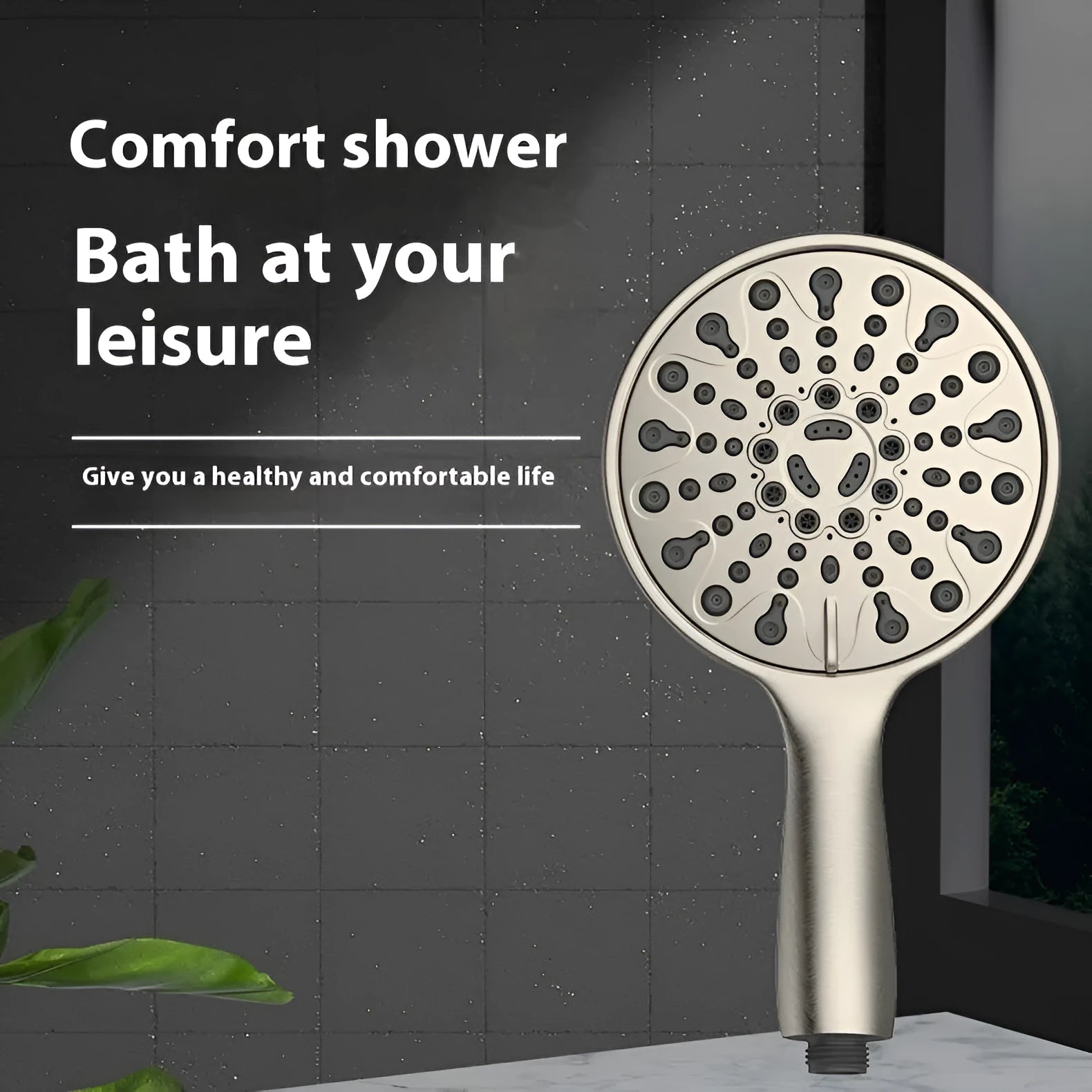 Six-function portable handheld shower head with electroplated finish, 6 inches in diameter.