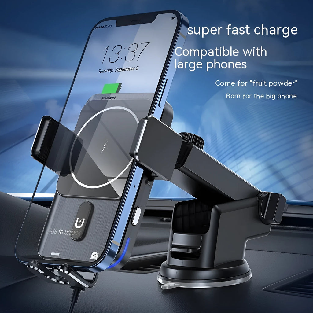 Black car wireless phone charger holder shown with clip and suction cup mounting options.