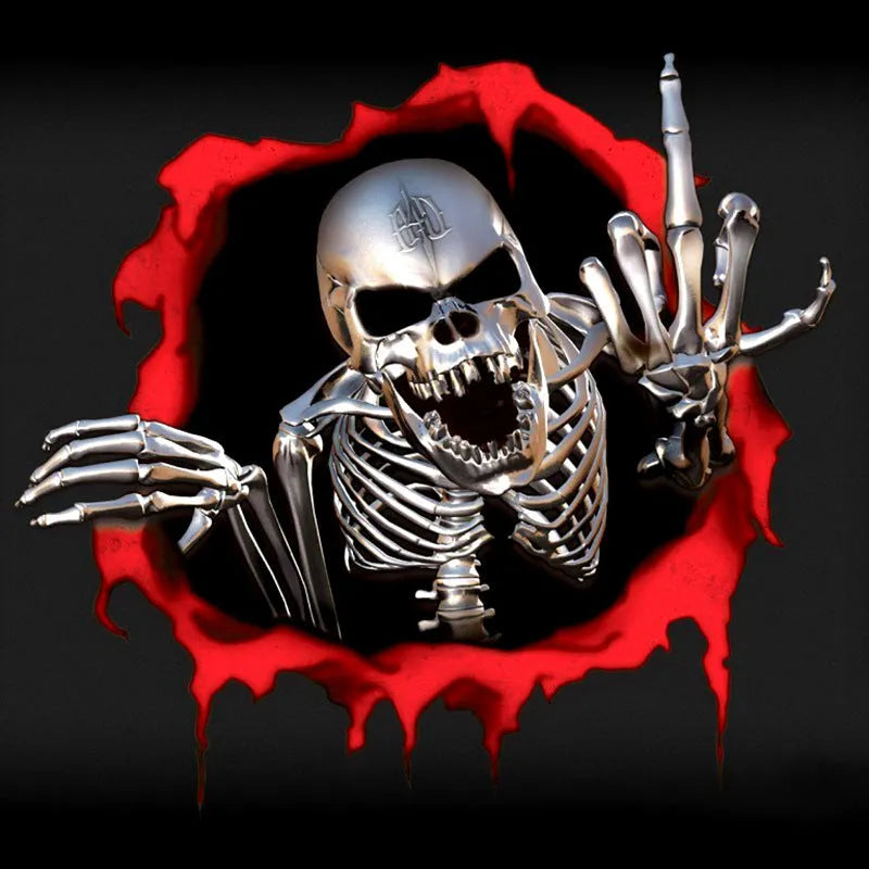 Printed reflective colourful broken shell and metal skull design car sticker measuring 15cm by 14cm.