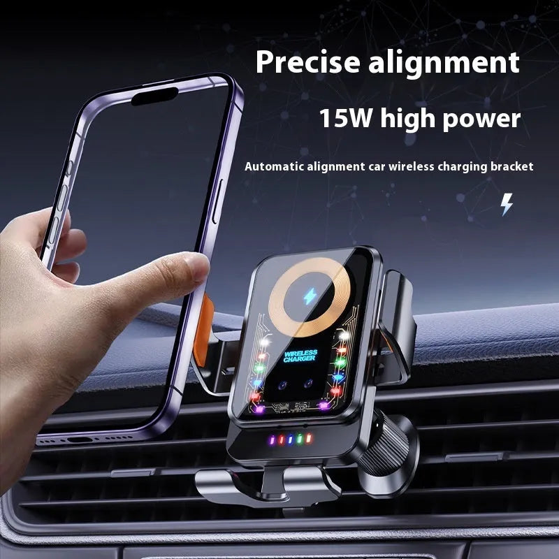 Black car wireless charging stand with gravity holder for dashboard windscreen vent use