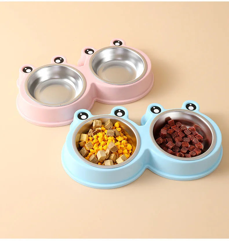 Pet double bowl feeding station with stainless steel frog bowl insert in blue, green, or pink colour options
