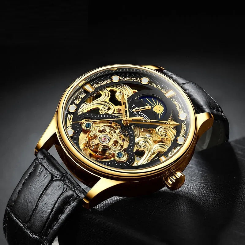 Men's gold and white leather strap automatic mechanical watch with waterproof design