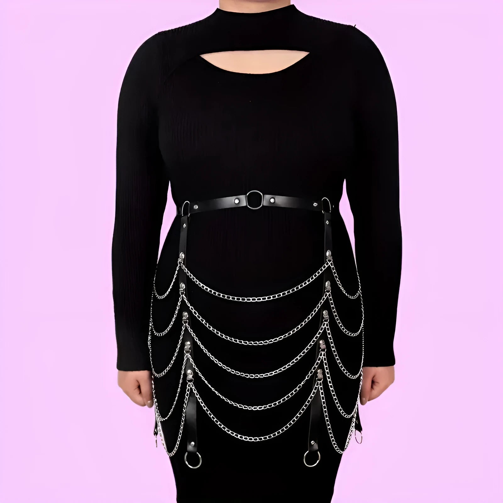 Black PU leather adjustable waist chain ornament for adult women.