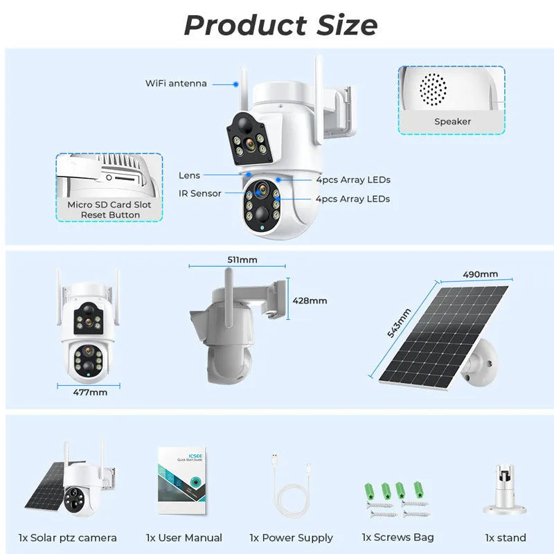 White outdoor solar-powered wireless wifi security camera with attached solar panel on a wall.