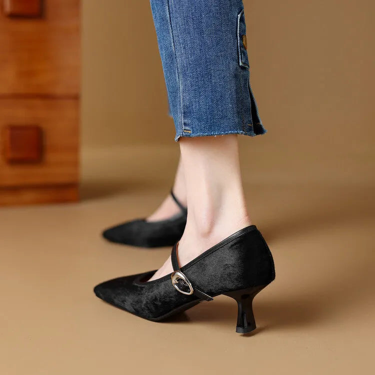 Women's black square toe stiletto heels with horse hair upper and ankle strap buckle