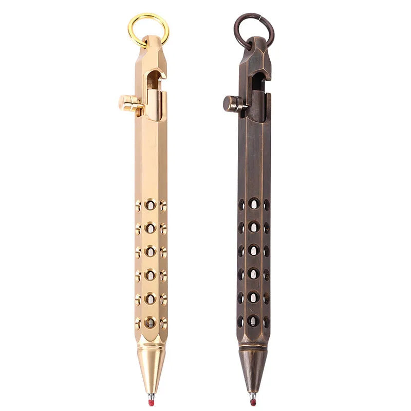 Brass hexagonal bolt rollerball pen with 0.5mm tip showing six-sided barrel design