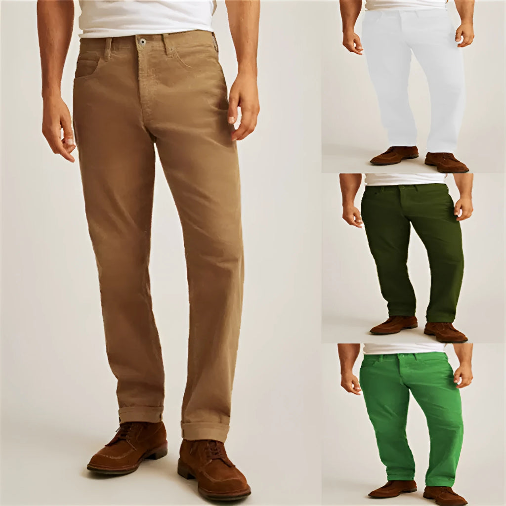 Green corduroy trousers with loose fit straight leg design and zip fly closure