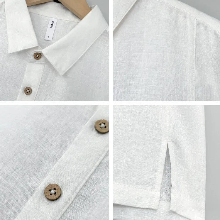 Men's loose-fit linen summer top with thin lapels and short sleeves in grey green colour.
