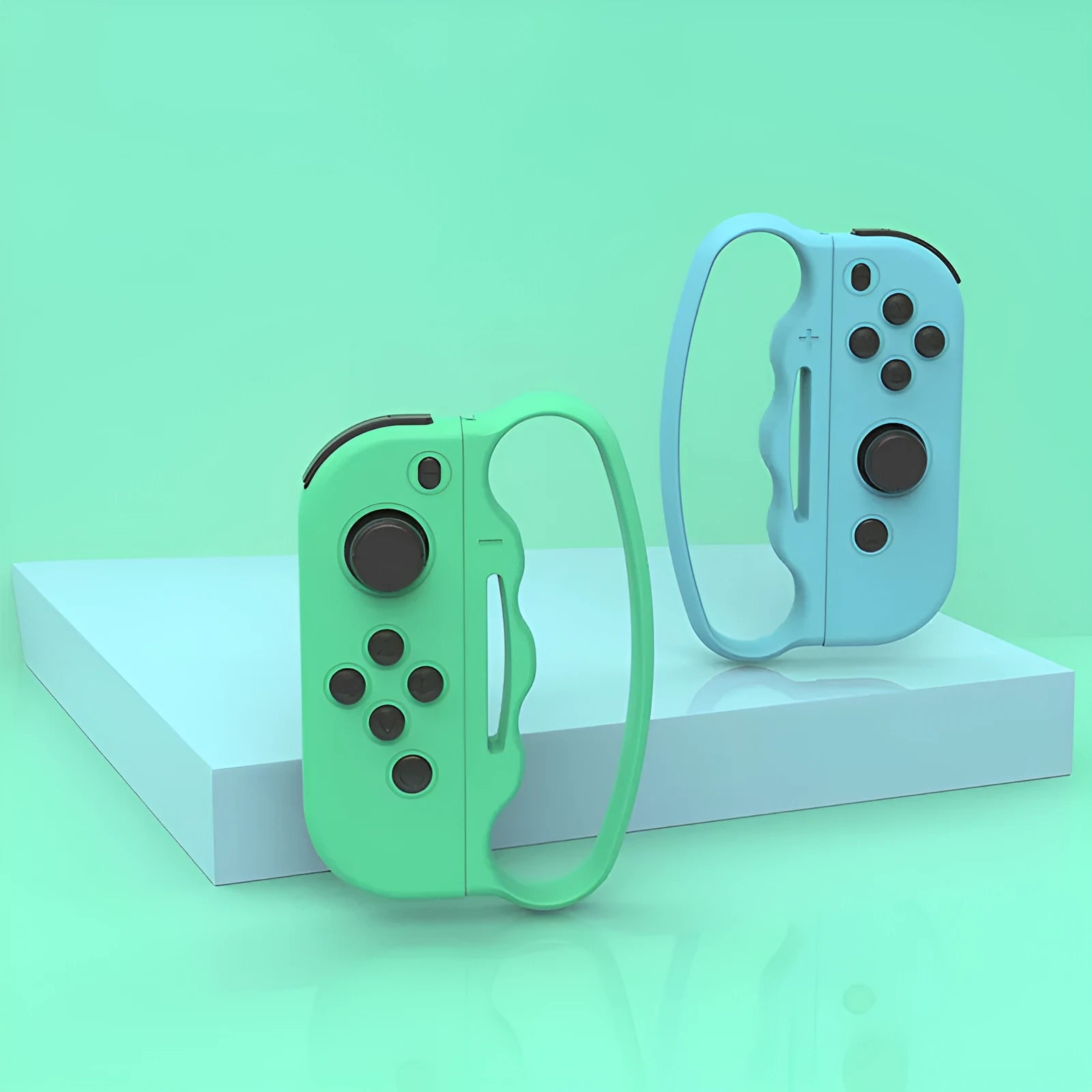 Nintendo Joy-Con controller handle grips with hand ropes in black and blue colour options