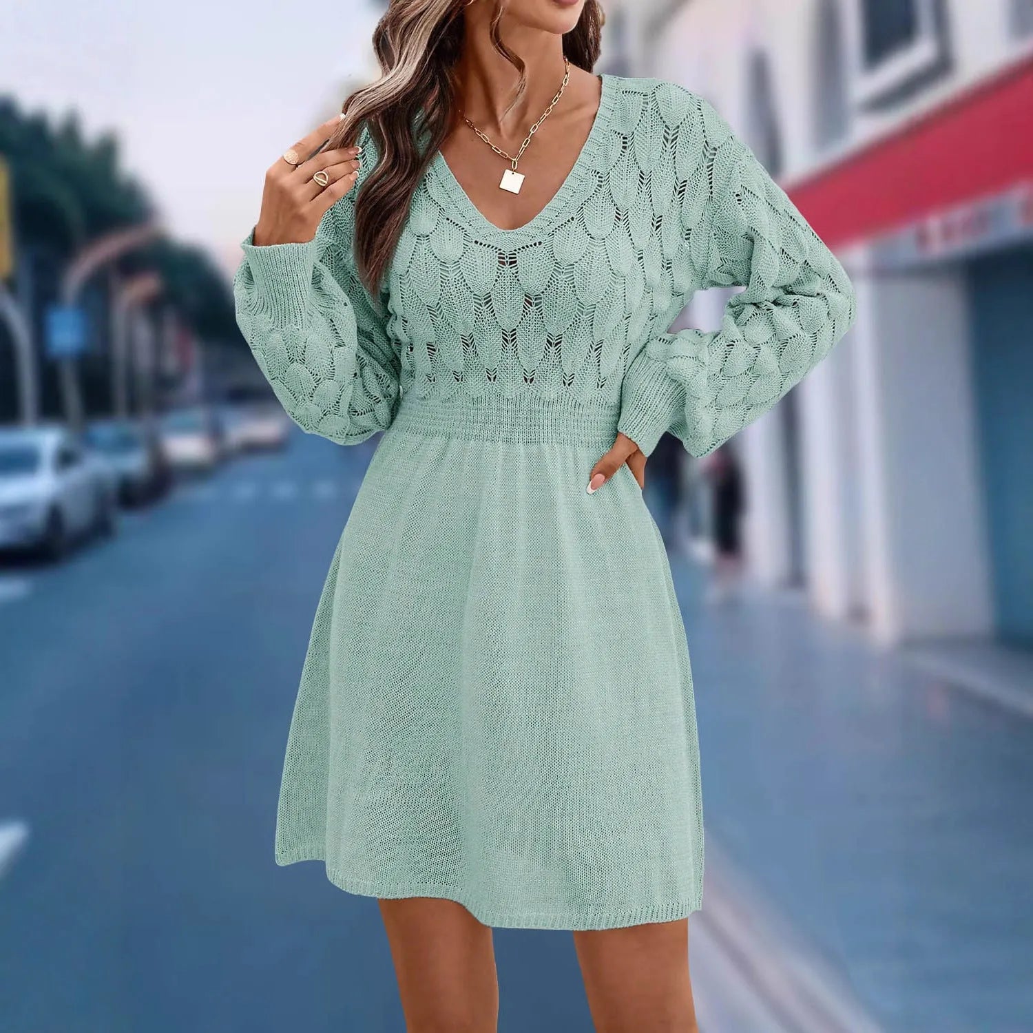 Artistic retro V-neck long sleeve beach dress with a 3D pattern on a midi skirt.