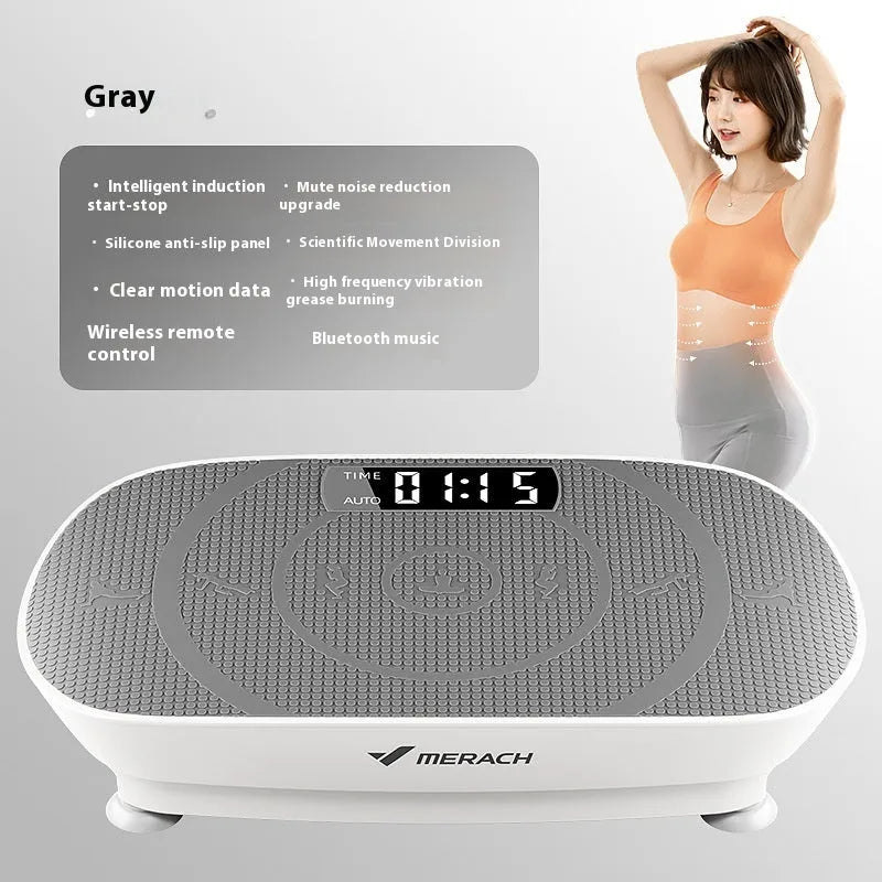 Grey portable smart power plate on floor, showing compact 58cm length and Bluetooth connectivity for home fitness.