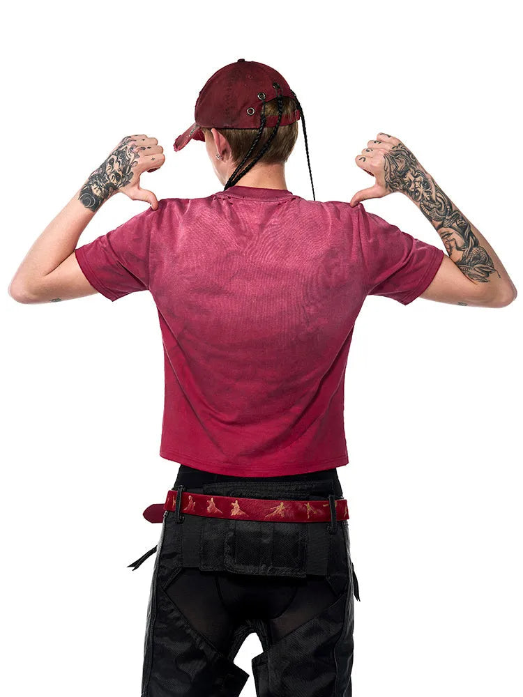 Men's red distressed dirty wash slim fit t-shirt with round neck and short sleeves