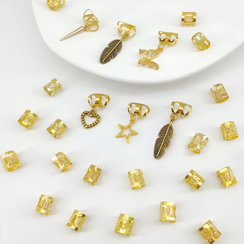 Antique style dirty braid hair rings with leaf design in electroplated gold or silver finish