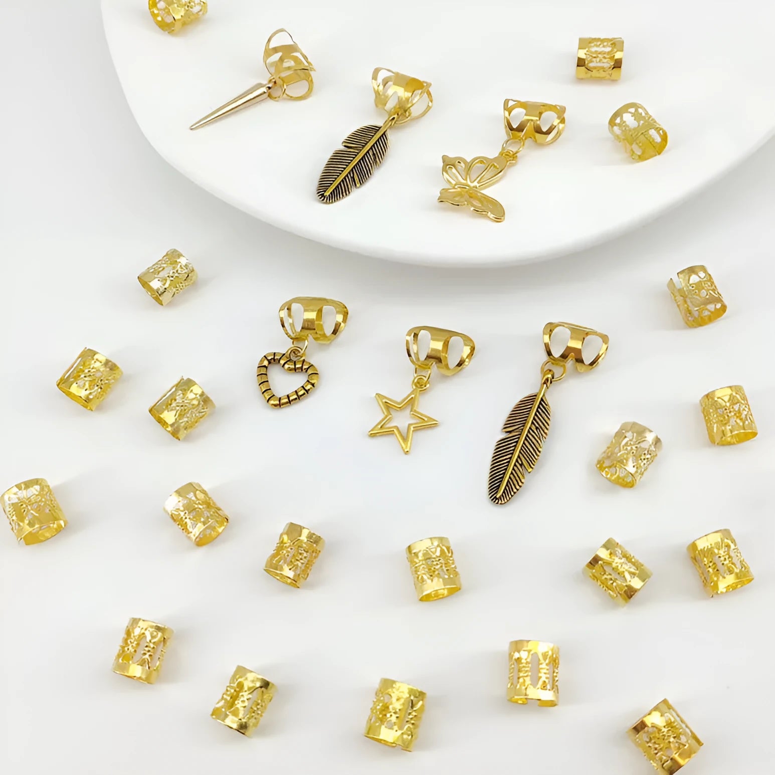 Antique style dirty braid hair rings with leaf design in electroplated gold or silver finish