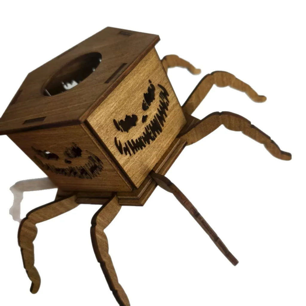 Wooden spider-themed lantern candlestick Halloween decoration measuring 21cm tall