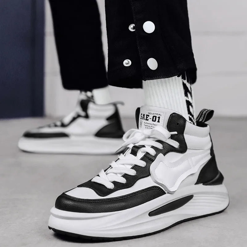 Men's black and white platform high-top shoes with round toe design