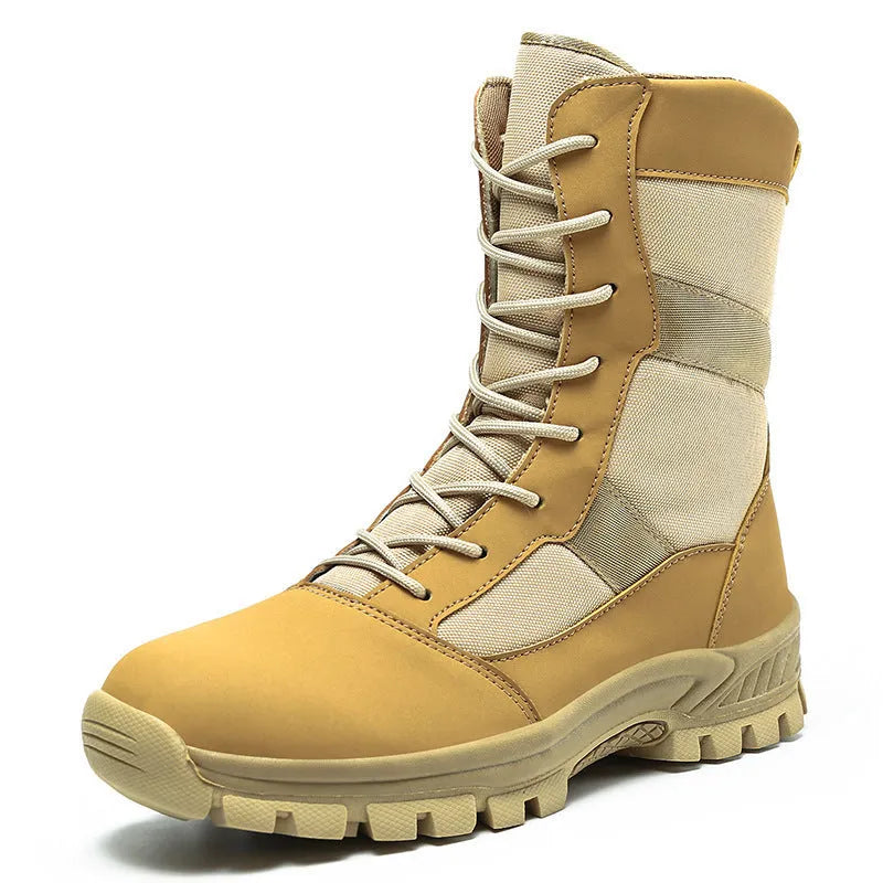 Men's black and camouflage high-top mesh Martin boots on a white background.