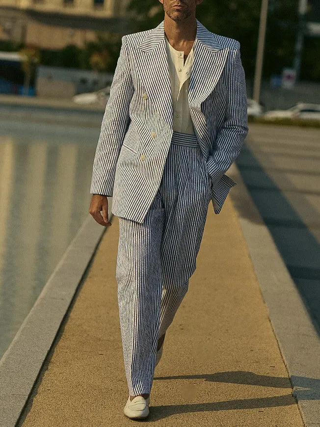 Blue and white striped polyester suit set with blazer and trousers