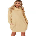 Women's apricot lapel collar acrylic fibre mid-length sweater with side pockets on hanger