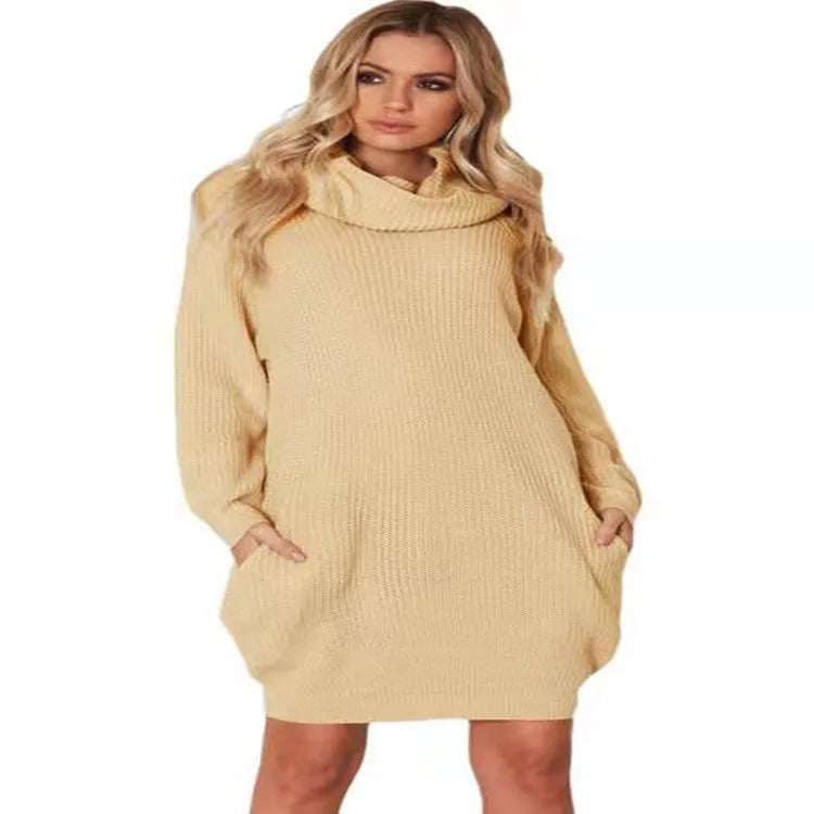 Women's apricot lapel collar acrylic fibre mid-length sweater with side pockets on hanger