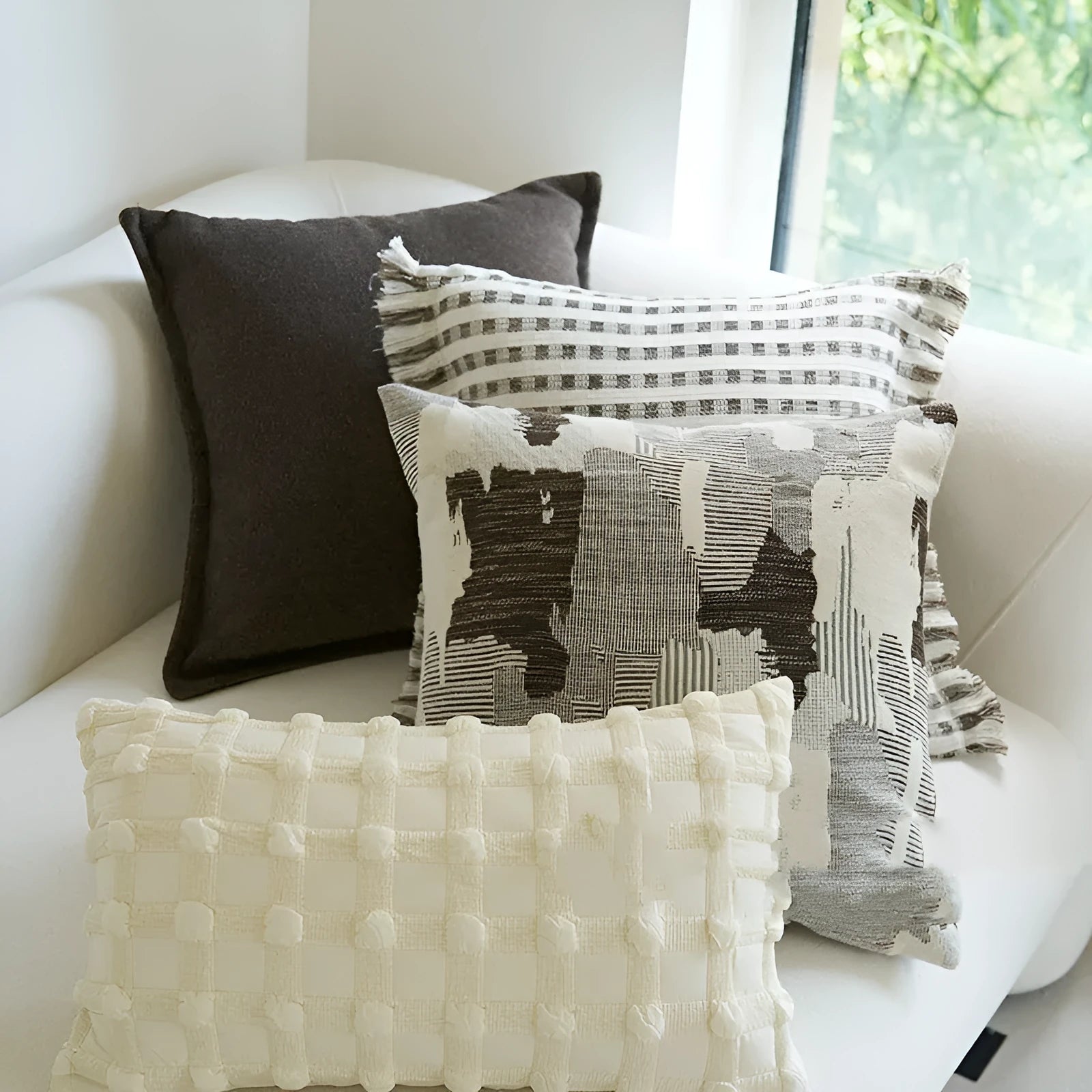 Coffee brown Chinese classical style cushion cover with stripe pattern on a living room sofa