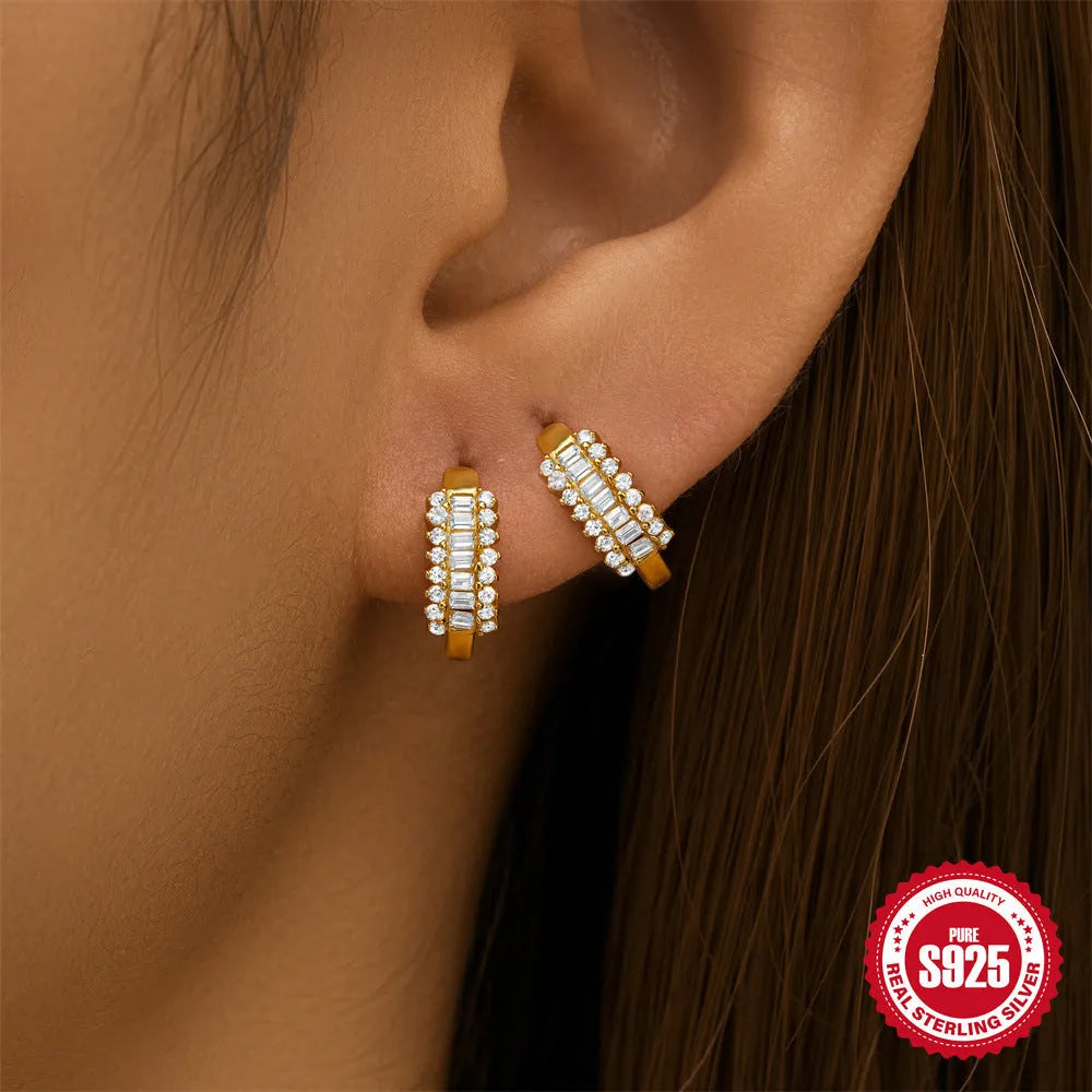 Sterling silver geometric stud earrings with diamond accents in gold or silver electroplated finish