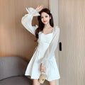White long sleeve maxi dress with waist-slimming patchwork chiffon design