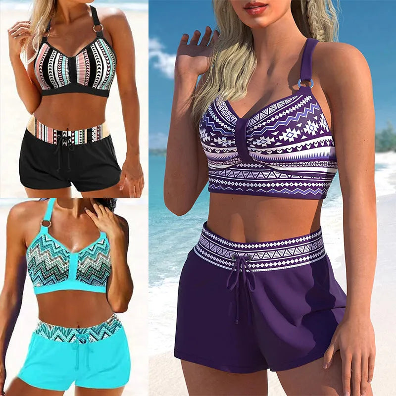 Women's navy blue and floral print two-piece polyester swimsuit bikini set for hot springs.