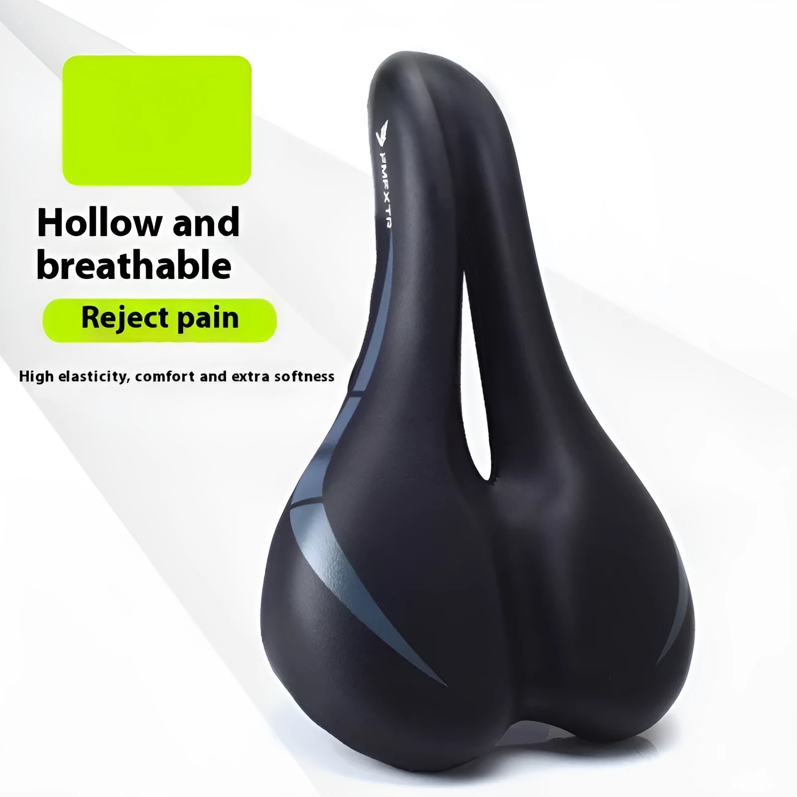 Bike saddle cushion with hollow centre design showing dimensions and double rail mounting system