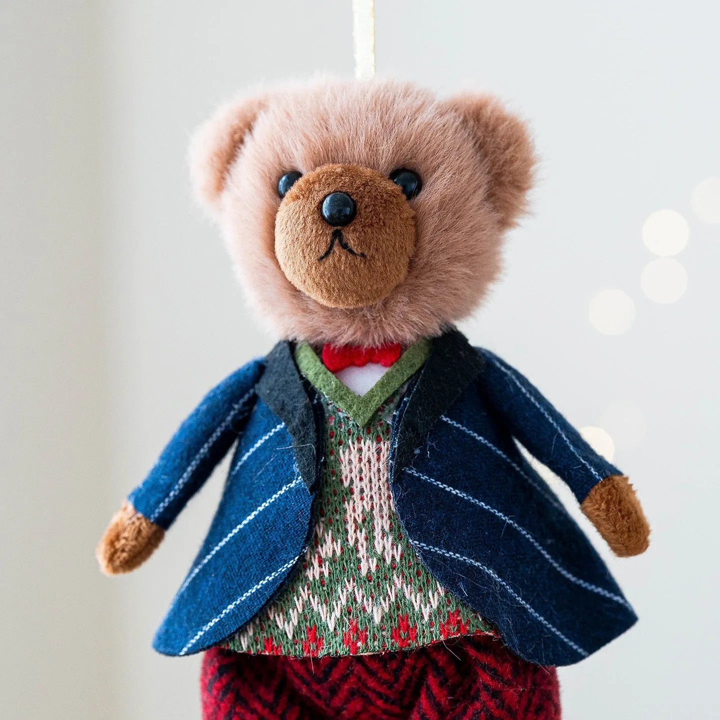 Cartoon-style plush bear couple wearing cotton plaid suits, gentleman bear and princess bear.