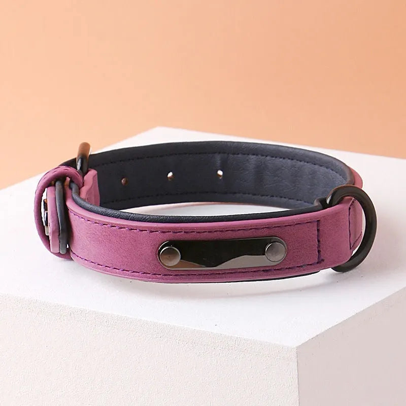 Adjustable anti-loss dog collar in purple showing double-layer construction with PU front and microfibre back.