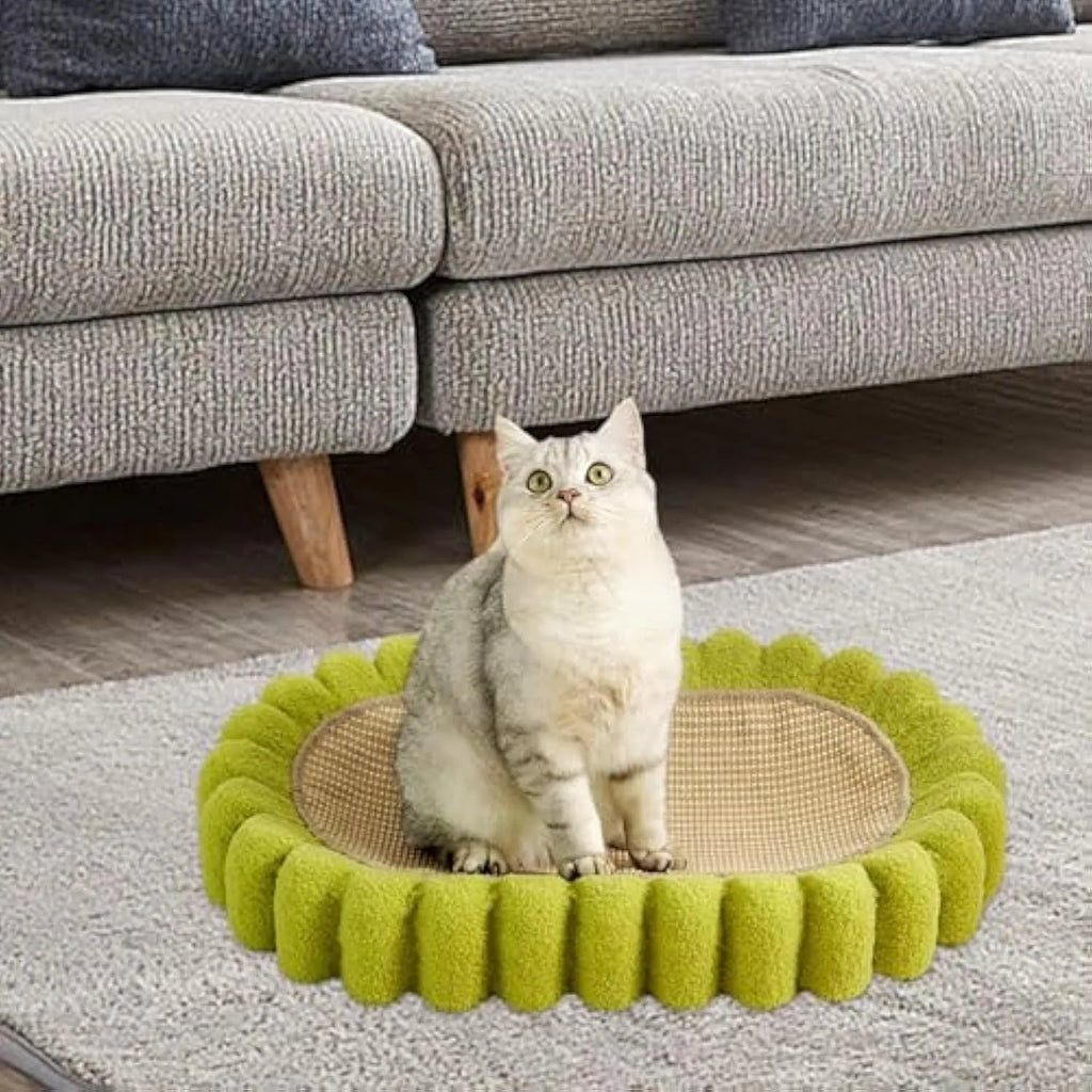 Green oval-shaped cat scratching pad with sisal fabric, serving as a lounge bed for cats.