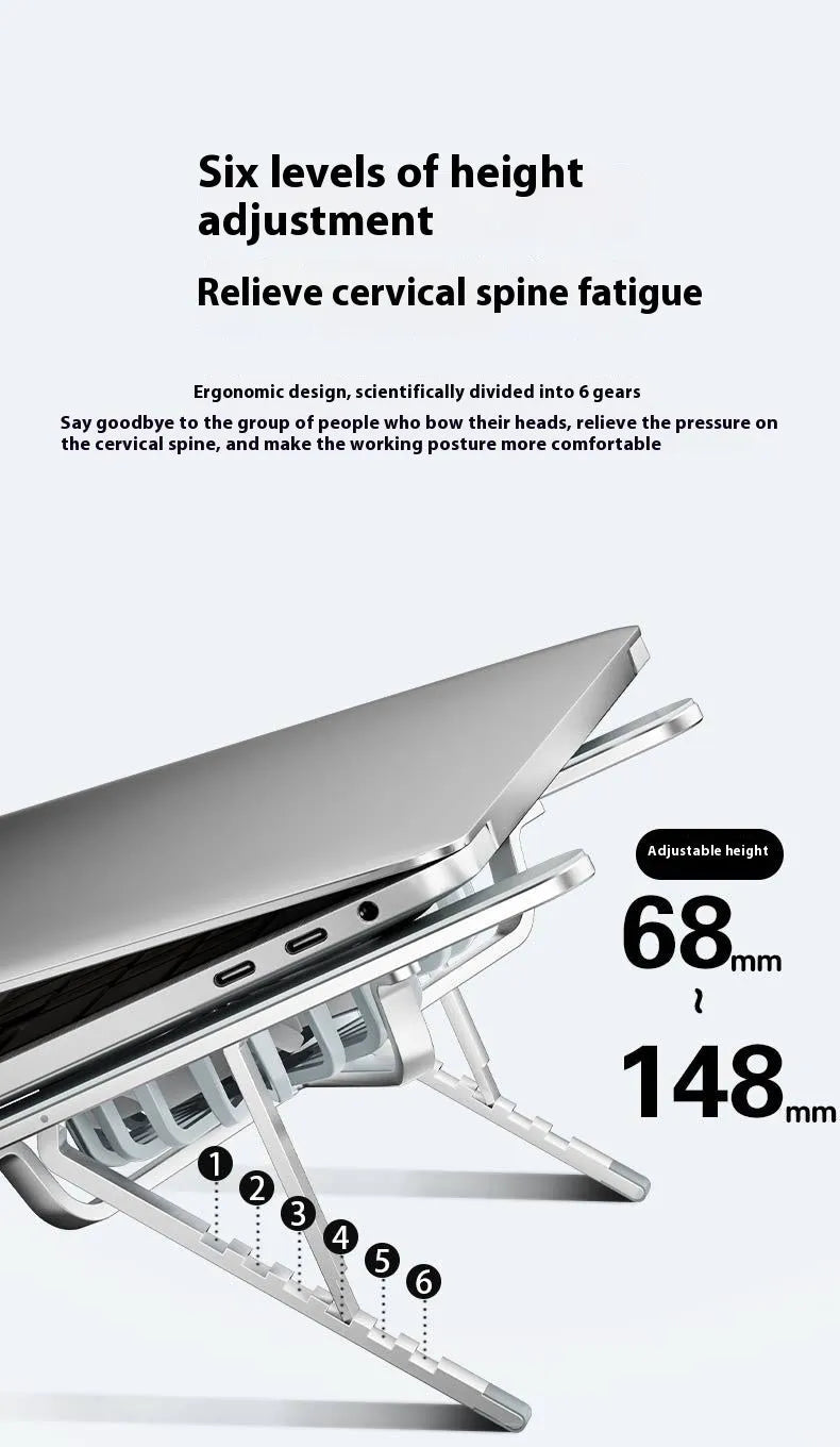 Silver aluminium laptop cooling stand with twin fans in folded position beside cloth carrying bag