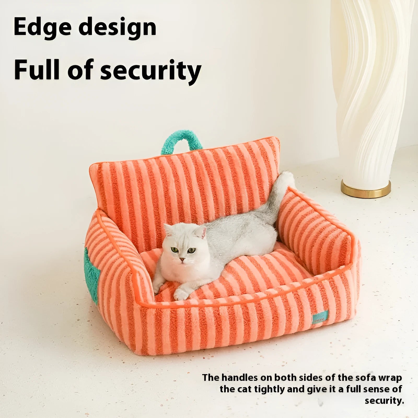 Striped soft velvet pet bed in yellow, orange, or purple with a removable washable cover.