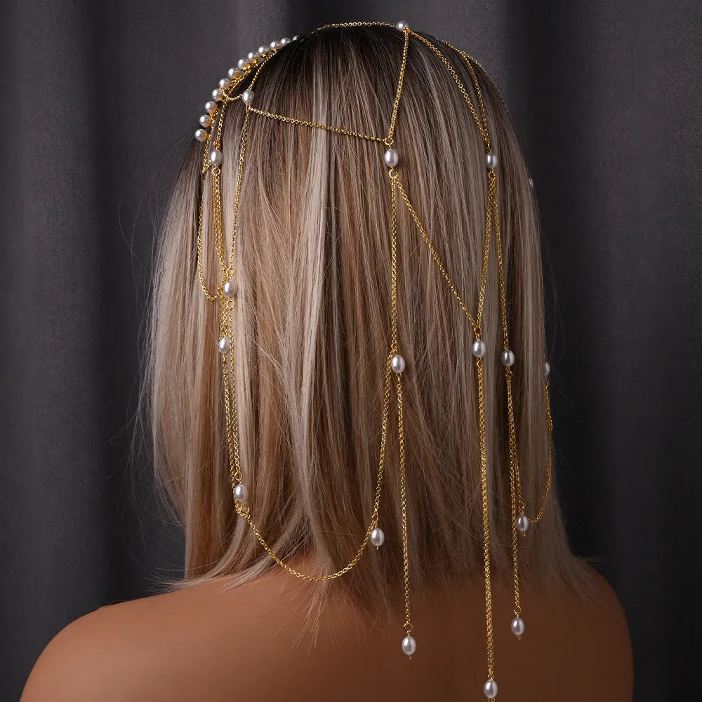Gold mesh tassel hair chain for women with pearl construction and electroplated finish