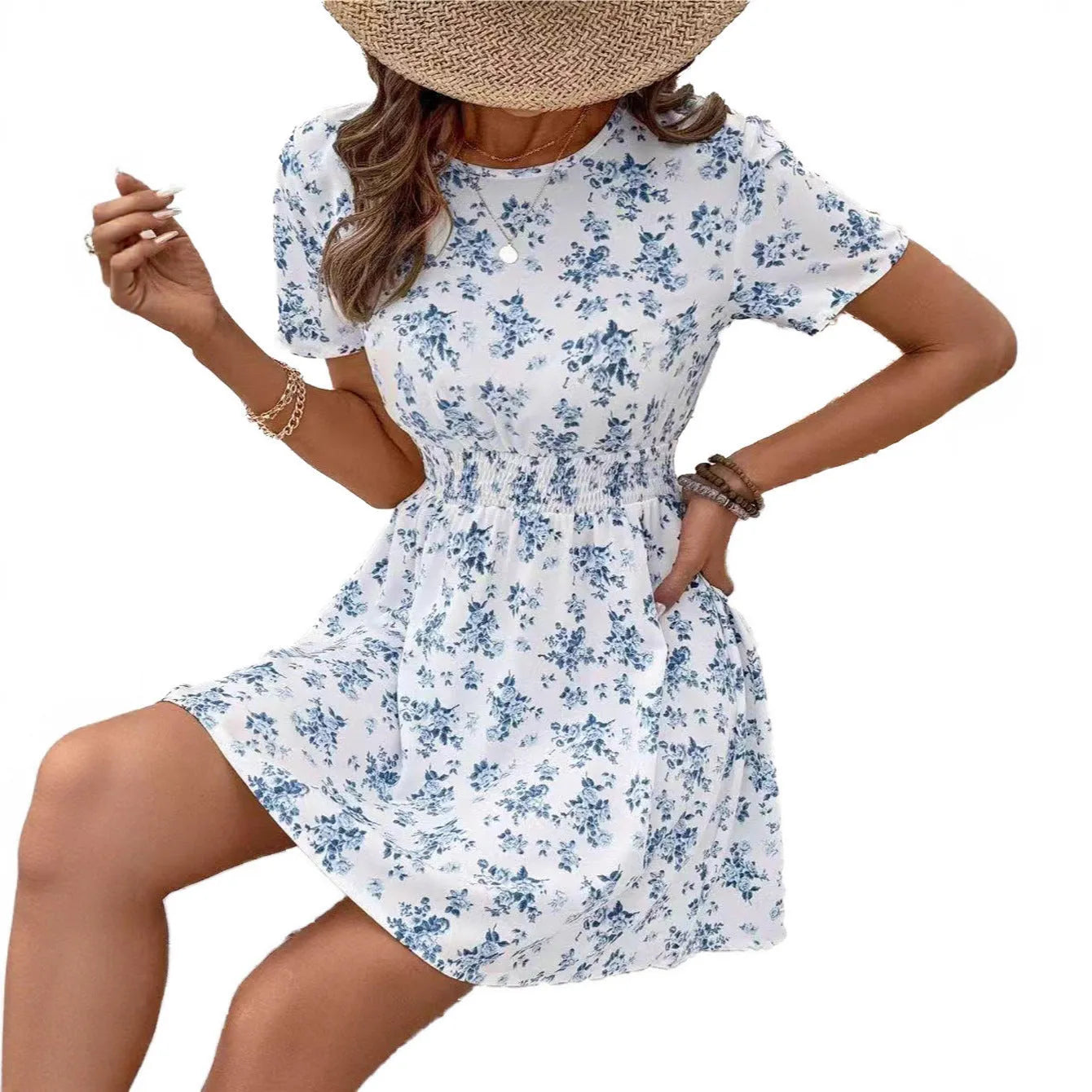 Light blue A-line casual dress with high waist and regular sleeves