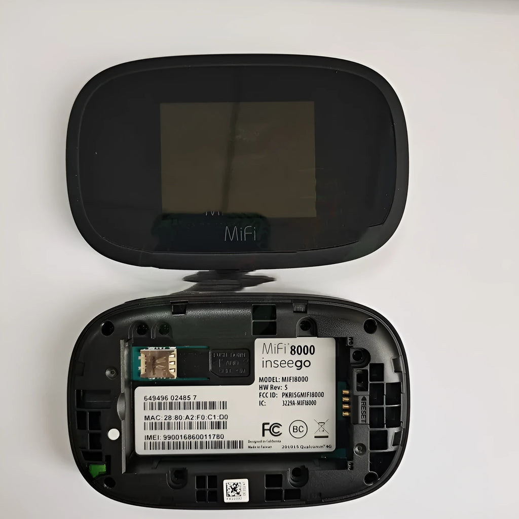 Black MIFI8000 portable 4G wireless router with compact design showing front panel indicators