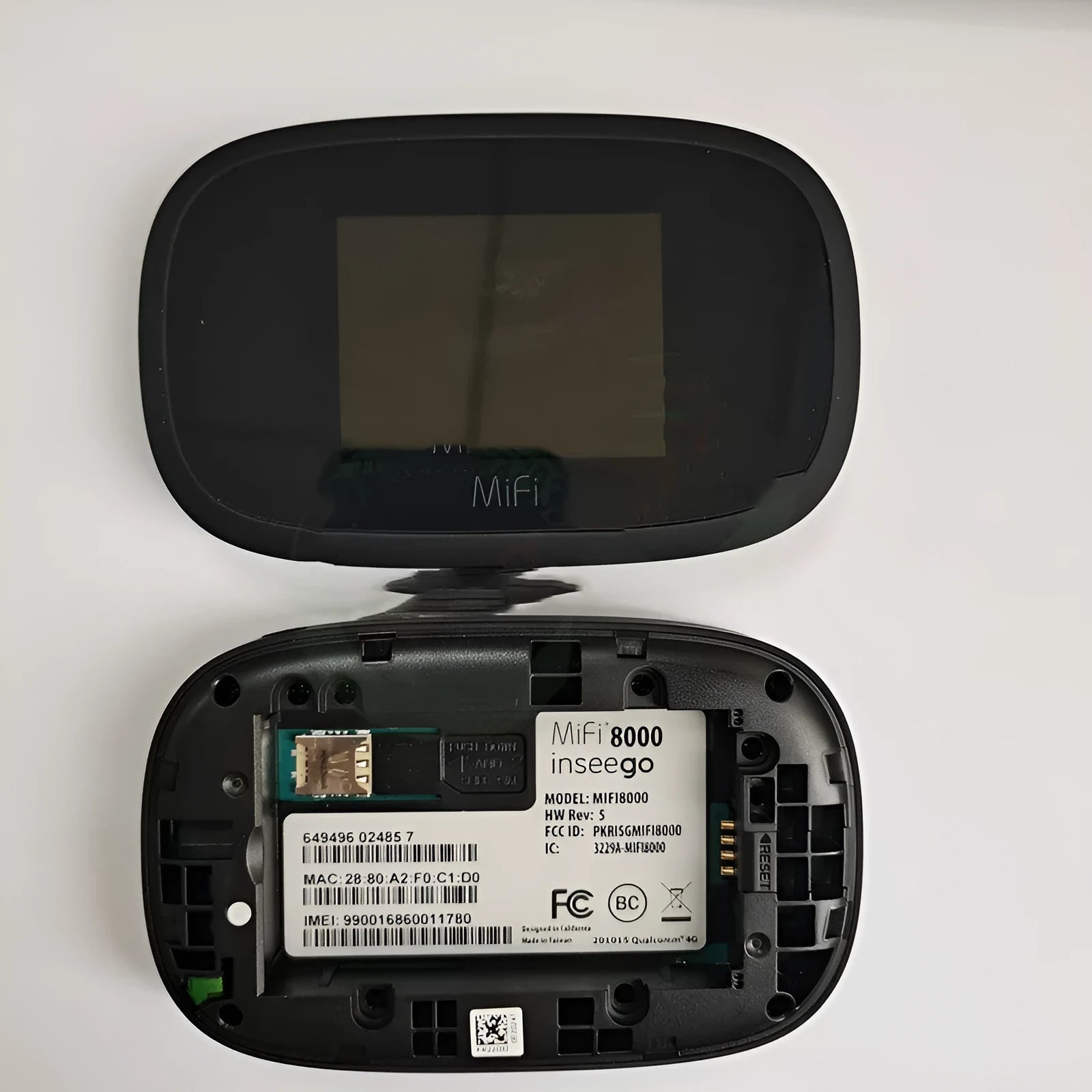 Black MIFI8000 portable 4G wireless router with compact design showing front panel indicators