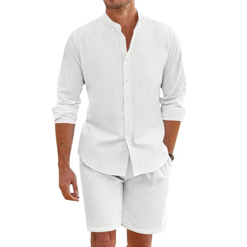 Men's dark grey linen-blend summer suit with short-sleeve lapel shirt and drawstring shorts on a hanger