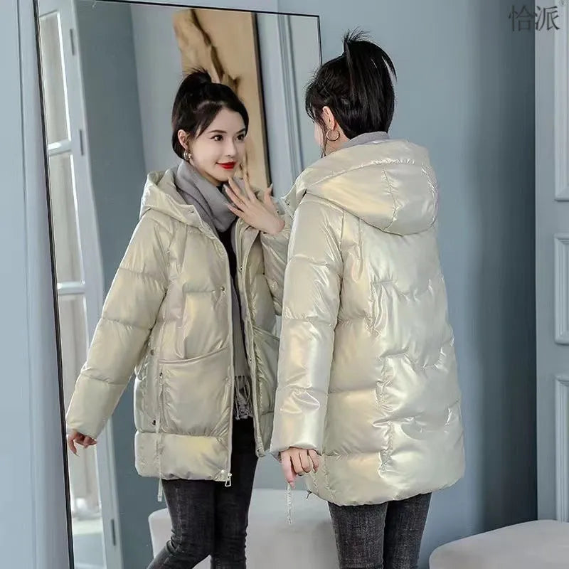 Women's loose thick hooded winter jacket in down cotton fabric available in four colours