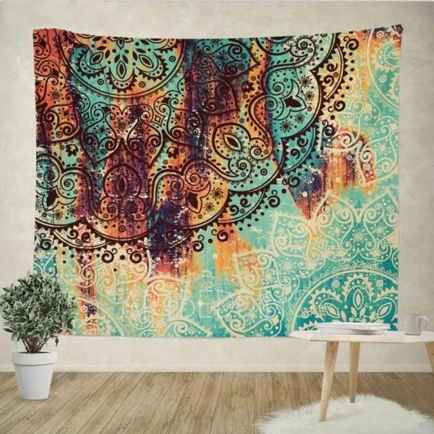 Bohemian mandala tapestry with colourful floral print on 100% polyester fabric, 150x230cm