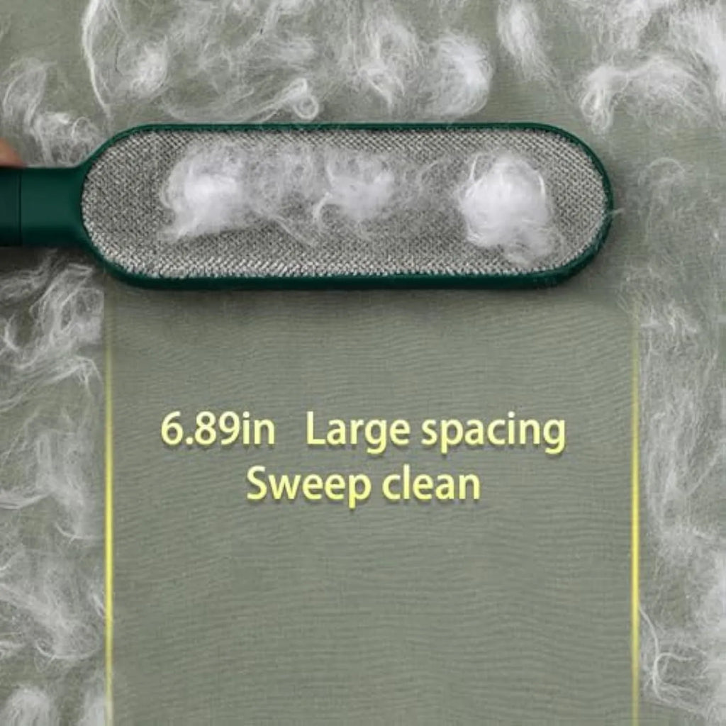 Blue, green, and white double-sided pet hair remover brush with storage base.