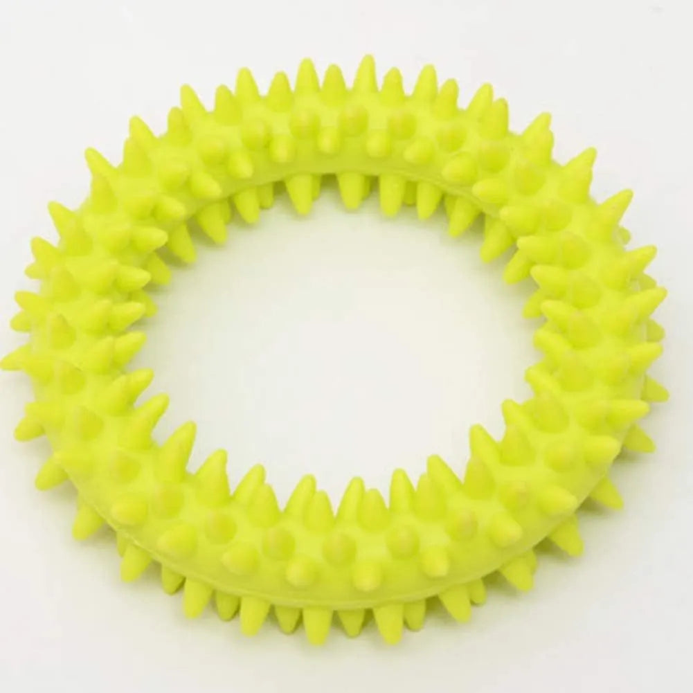 Blue spiky TPR ring dog chew toy for dental cleaning on a white background
