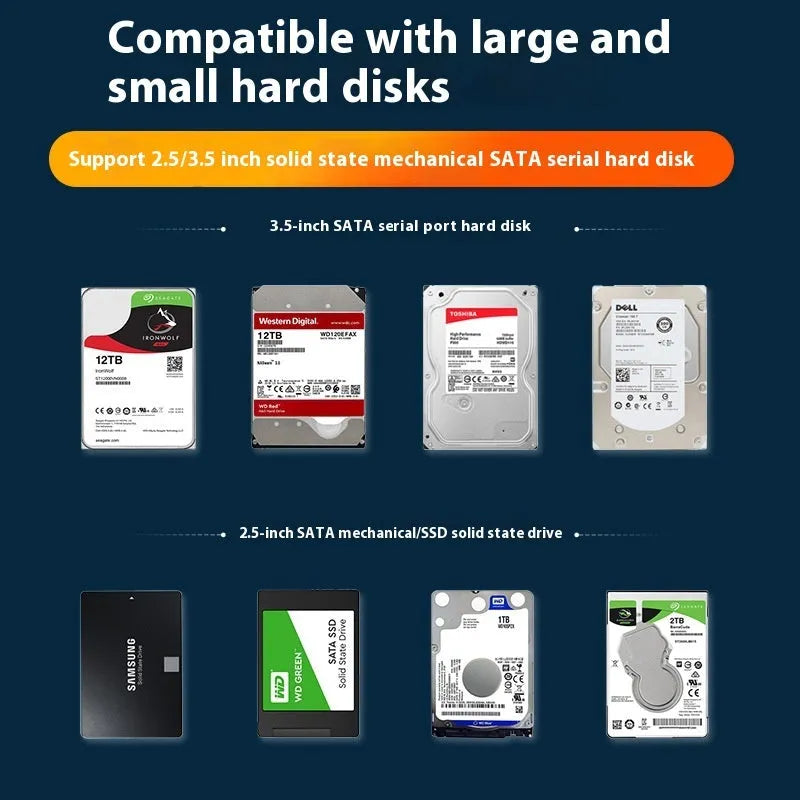 3.5 inch SATA to USB 3.0 hard disk enclosure in black and silver colour with power supply and data cable.
