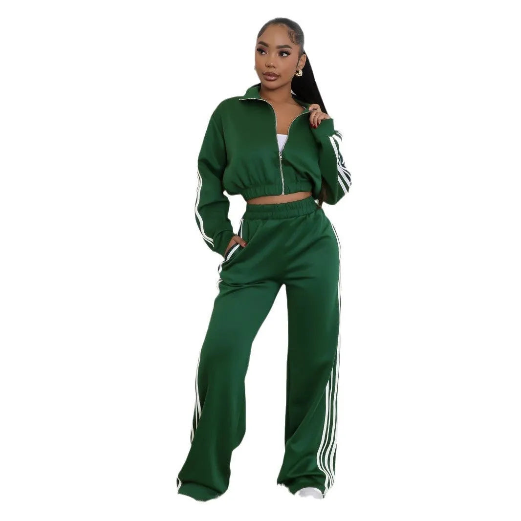 Striped street hipster two-piece suit set in polyester with zipper thickening sweater and matching trousers