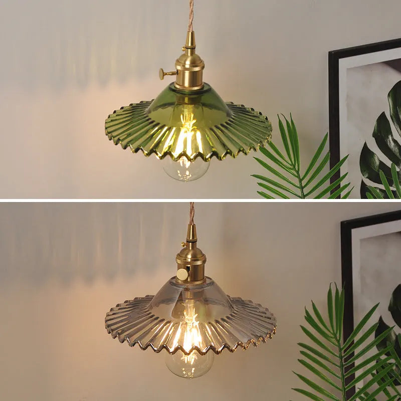 Retro brass lotus wall lamp with copper body and glass shade in six colour options