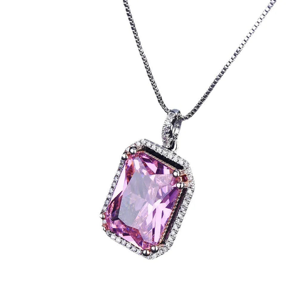 Copper geometric mixed gem inlay pendant necklace with box chain – pink diamond colour
